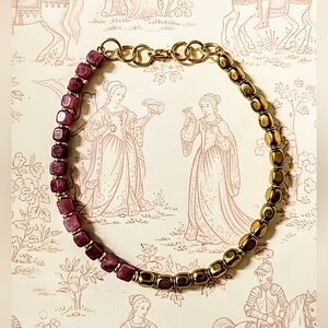 Natural Dark Pink Morganite And Gold Nugget In Beaded Necklace